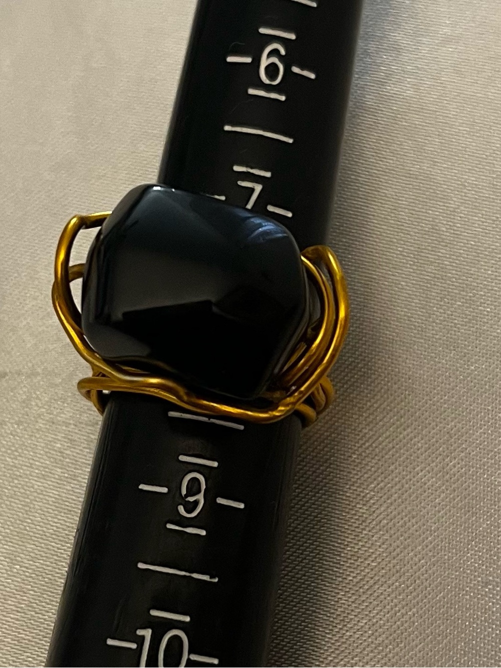 Black Stone Ring with Gold Wire Wrap